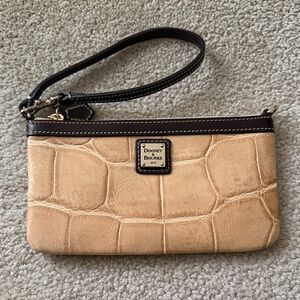 Dooney & Bourke Tan Croc-Embossed Leather Wristlet with Dark Brown Trim